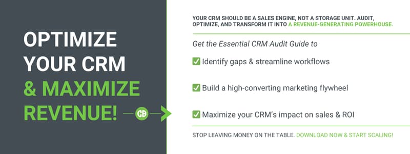 Graphic with the text 'Optimize Your CRM & Maximize Revenue!' alongside a checklist highlighting CRM audit benefits, including workflow optimization, marketing flywheel creation, and ROI maximization.