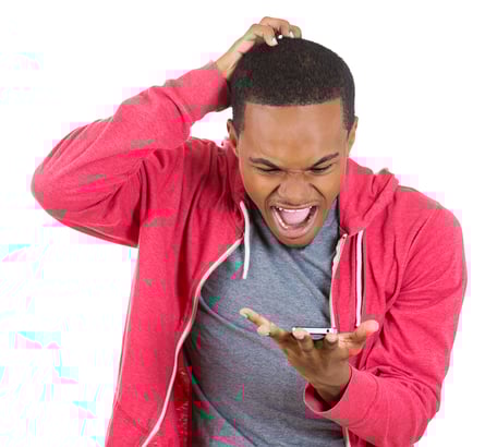 man reading controversial content on smart phone