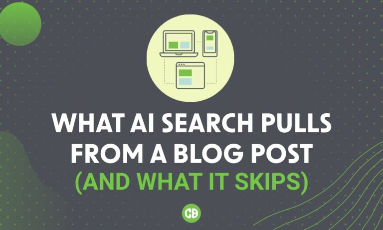 Illustration showing devices with content blocks and the headline “What AI Search Pulls From a Blog Post (And What It Skips)” representing AI search optimization and extractable content structure.