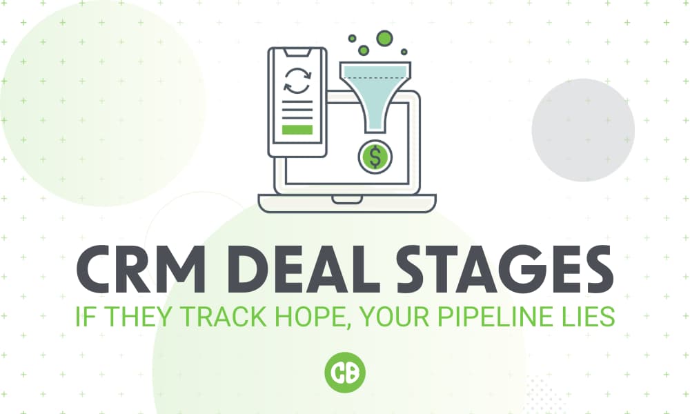Graphic with the headline “CRM Deal Stages: If They Track Hope, Your Pipeline Lies,” illustrating how CRM deal stages should reflect buyer actions rather than internal optimism.