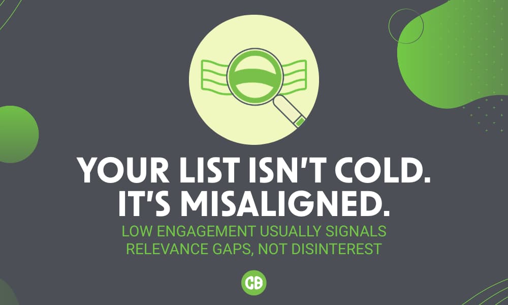 Graphic with the headline “Your List Isn’t Cold. It’s Misaligned.” emphasizing that low email list engagement often signals relevance gaps rather than subscriber disinterest.