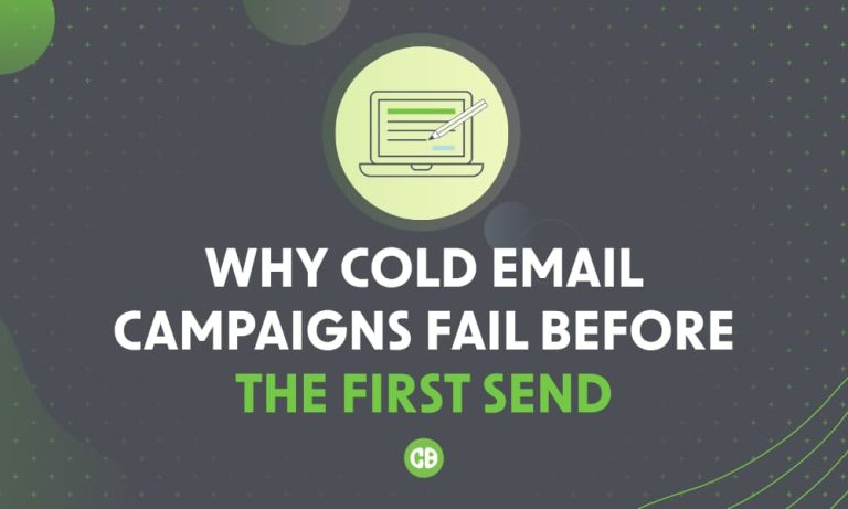 Graphic reading “Why Cold Email Campaigns Fail Before the First Send” with a laptop icon on a dark background.