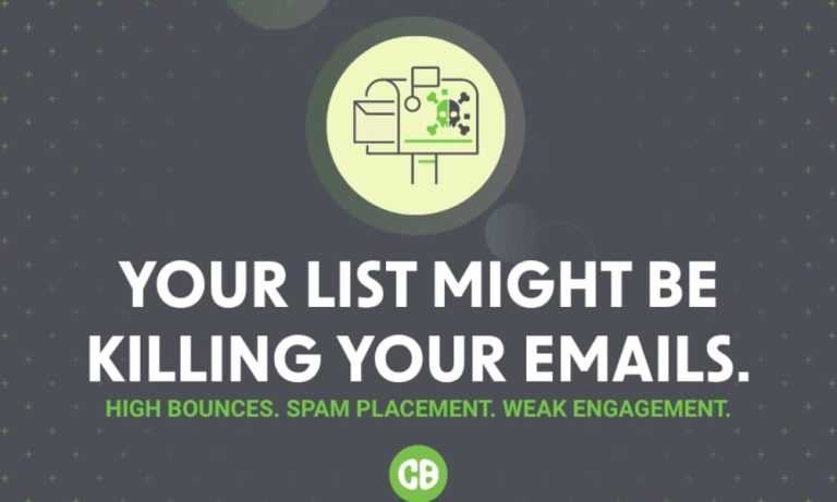 Graphic reading “Your list might be killing your emails” with subtext about high bounces, spam placement, and weak engagement.