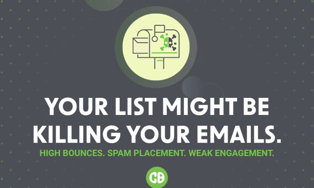 Graphic reading “Your list might be killing your emails” with subtext about high bounces, spam placement, and weak engagement.