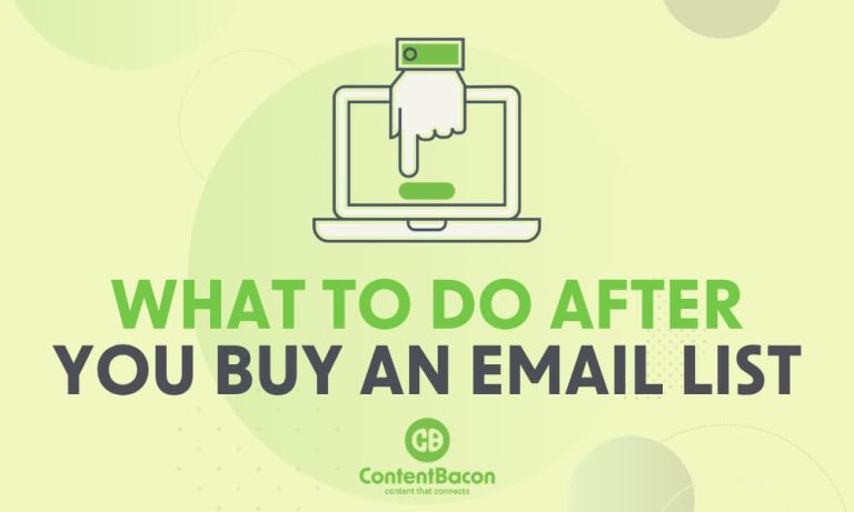 Illustration of a hand clicking on a laptop screen with the text “What to Do After You Buy an Email List,” emphasizing email list preparation and validation before sending campaigns.