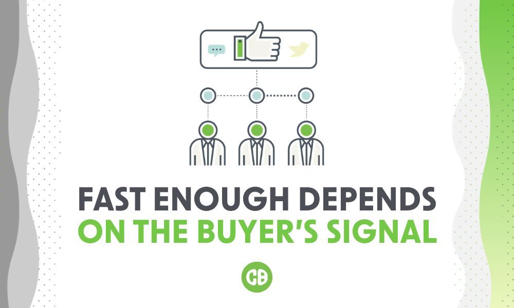 Illustration showing automated lead follow-up connected to buyer signals, with text reading “Fast enough depends on the buyer’s signal.”