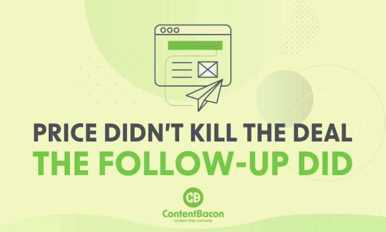 ContentBacon graphic showing sales follow-up with text: “Price didn’t kill the deal. The follow-up did.”